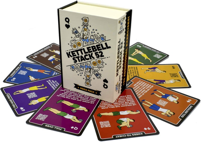 Stack 52 Kettlebell Exercise Cards. Workout Playing Card Game. Video Instructions Included. Learn Kettle Bell Moves and Conditioning Drills. Home Fitness Training Program. (2019 Mega Pack) - Image 1